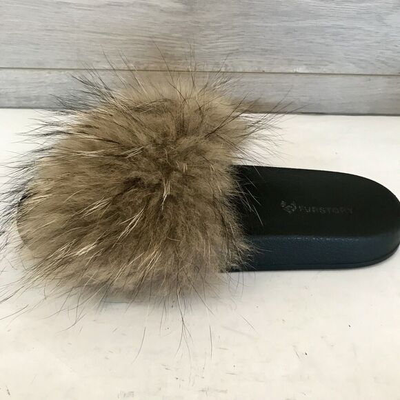 Fur Story Natural Brown Fox Fur & Black Slide Sandals Slippers EU 43.5 US 11 - Picture 3 of 12